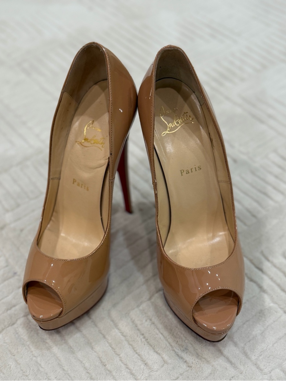 Christian Louboutin Nude Patent Peep-Toe Platform Stilettos